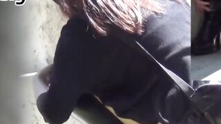 Beautiful Asian honeys peeing outdoor in closeups