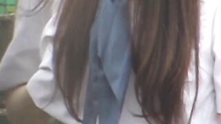 Suited student teases under the skirt and wets panties pee