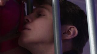 TS Aubrey Kate leashes fuck toy Sage Roux and pounds him in his cell