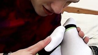 Alex Page sucks buddyâs toes while foot wanking his own cock