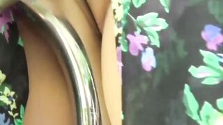 Busty Asian Blonde peeing in park after pussy play