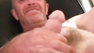 Mature amateur man jerks his small hairy dick and cums