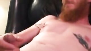 Bearded tattooed mature guy strokes cock and cums on self