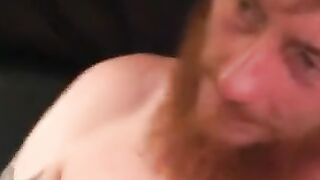 Bearded tattooed mature guy strokes cock and cums on self