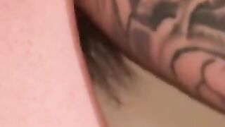 Bearded tattooed mature guy strokes cock and cums on self