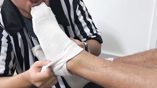 Luca R moans as Dan Edwards sniffs his sweaty soles