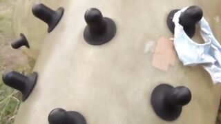 Pretty Tokyo girl rides a playground climber and pees after
