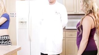 Barely legal babe shares big cock cum with stepmom