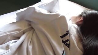 Petite Japanese girl rubs her pussy before warm peeing shower