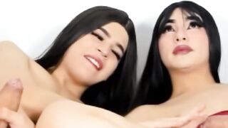 Two Sexy Trans Girls Stroking in Sync POV