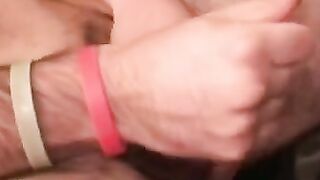 Inked middle aged guy cums on plate after jerking off
