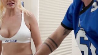 Busty Cherry Kiss gives star player Lucky Fate a sloppy blow