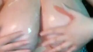 Big, Natural Tits Covered in Lotion on Webcam