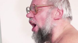 Karla sips coffee then rides grandpa cock in the morning light