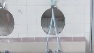 Japanese stunners piss on each other in hot bathhouse steam