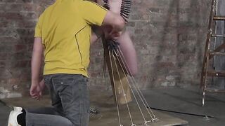 Grandpa covers twink's body with painful clothespins
