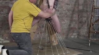 Grandpa covers twink's body with painful clothespins