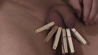 barely legal Submissive's Clothes Pin Bondage Training with Dominatrix