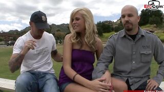Tall blonde with natural melons lets her cuckold hubby view