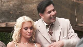 Horny chick are sucking off and fucking 2 men outside