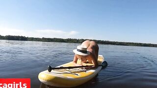 Blonde MILF Plays with Dildo and Gives Blowjob on a SUP Board