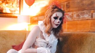 Redhead Scarlet Skies dressed as clown and entertains stepbros dick