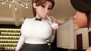 Personal Service ● Restaurant Bliss: Busty Waitress Sucks Shemale Cock Under Table