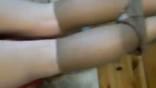 Mature lady plays with her feet in pantyhose and gets cummed on