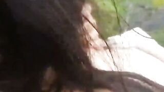 Moaning Brunette Swallows Cum Outside