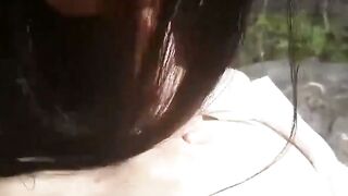 Moaning Brunette Swallows Cum Outside