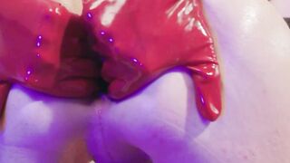 Gracie Jane Deepthroats Red Dildo and Rides Black Cock in Red Latex