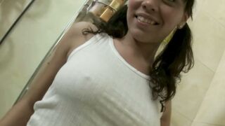 Dacy A Teases in Wet White Tank Top & Grey Panties in Shower