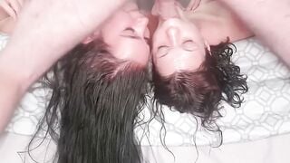 3way FFM - UpSide Down Orgy with Hot MILF & Two Babes Sucking Dick