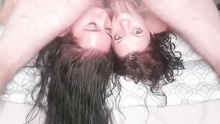 3way FFM - UpSide Down Orgy with Hot MILF & Two Babes Sucking Dick