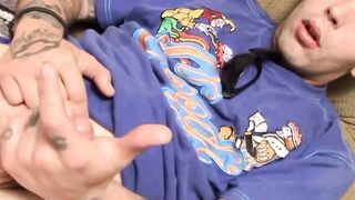 Parent Drac smokes then pumps wad from cock