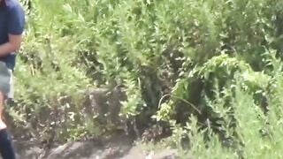 Hairy Oriental pussies take a leak outdoors while voyeur watches