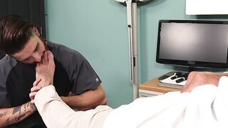 Bearded Patient Licks Doctor's Feet While He Strokes His Cock