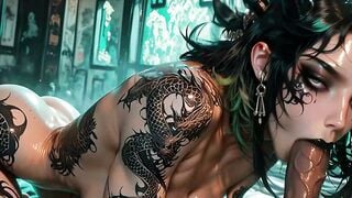 Tattooed Babe Rides Thick Cock Hard