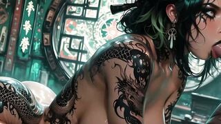 Tattooed Babe Rides Thick Cock Hard
