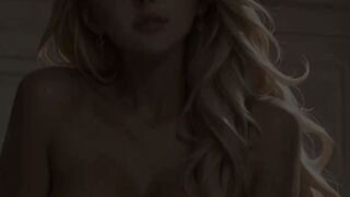 Elegant Blonde Bombshell with Massive Natural Tits Teases and Sucks Cock