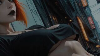 Cyberpunk Redhead Babe Gives Thick Blowjob in Neon Alley