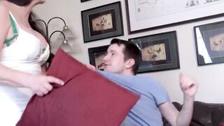 Busty Mature Nanny In Lingerie Seduces barely legal Man On Couch