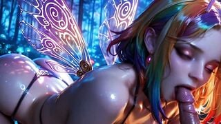 Busty Rainbow Fairy Gives Blowjob in Enchanted Forest