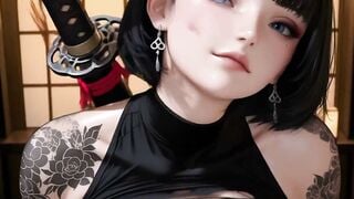 Tattooed Shemale Samurai Babe with Katana in Solo Hentai Scene