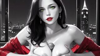 Busty Anime Babe in Red Lingerie with Eiffel Tower View
