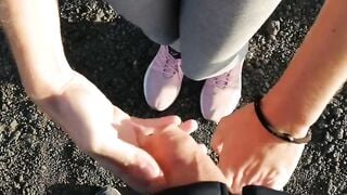 Risky Public Handjob on Nude Blonde Teen
