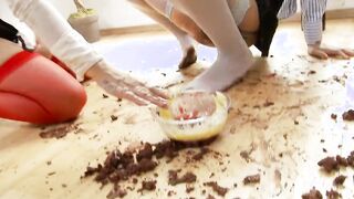 Dark Hair and red Women with food bdsm plowed on the floor