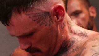 Two dominant dudes fist Ian Sterlings ass while another sucks his cock