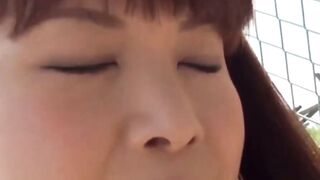 Japanese babe grinds dripping pussy fully exposed on cold pipe