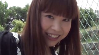Japanese babe grinds dripping pussy fully exposed on cold pipe